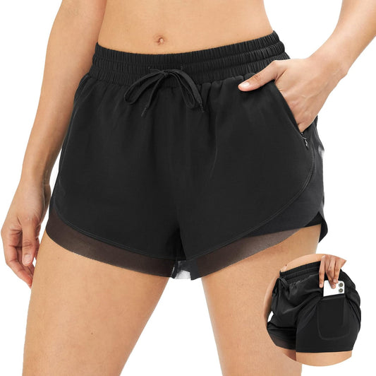 Womens Running Shorts Quick Dry 2 in 1 Running Athletic Shorts for Women with Pockets Workout Gym Yoga Active Shorts (Black, Large)
